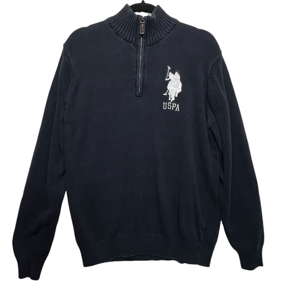 U.S. Polo ASSN Men's Vintage 1/4 Zip Black Knit Big Pony Polo Sweater | m